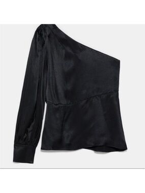 Zara black satin one shoulder blouse with long sleeves size small